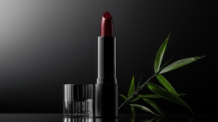 A black lipstick is on a table next to a glass