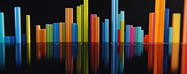 Obraz premium Colorful 3D bar graph reflecting on a shiny surface, showcasing data visualization