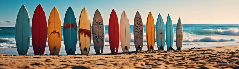 Surfboards standing on a sandy beach against a serene blue ocean backdrop. copy space for text. Vacation concept with space for text. Travel concept, Summertime concept with copy space.