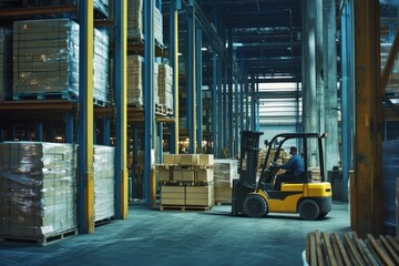 A forklift drives through a warehouse full of boxes