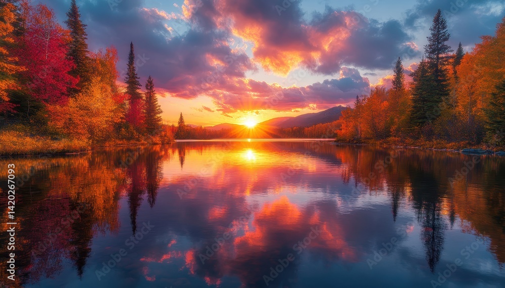 Poster sunset over calm lake reflecting vibrant autumn foliage in a serene landscape with distant mountains