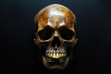 A detailed closeup of a human skull set against a solid black background