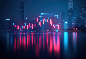 Night cityscape reflected in water, overlaid with vibrant financial chart