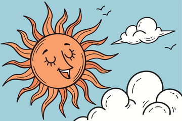 45 Cartoon weather icons, cheerful smiling sun character, vibrant rainbow with clouds, fluffy white cloud, dark rain cloud with raindrops, stormy cloud with lightning bolts and rain, colorful children