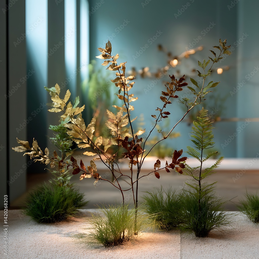 Poster serene display of botanical compositions on textured surface in minimalist modern interior space.