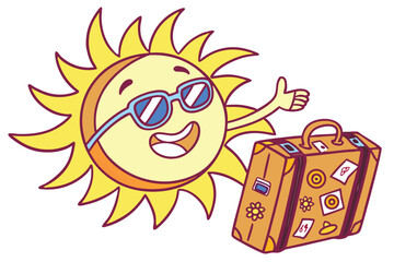 40 Cartoon sun character, smiling face, blue sunglasses, waving arm, holding brown suitcase with travel stickers, cheerful expression, bright yellow and orange colors, white background, cute illustrat
