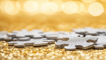 Silver puzzle pieces on a sparkling gold surface