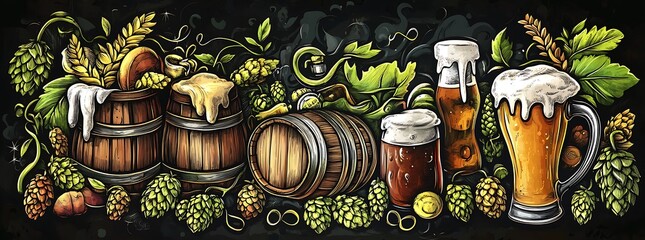 Vector cartoon doodles art of beer and equipment