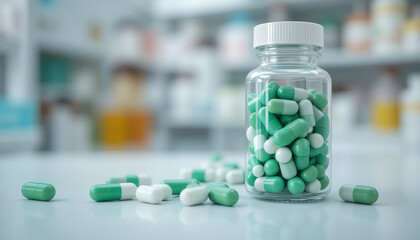 A clear glass bottle filled with green and white capsules, showcasing a modern pharmacy setting with scattered pills.