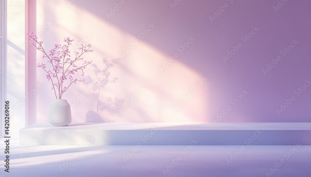 Poster elegant arrangement of blooming pink flowers in a simple vase placed on a tabletop beside a softly l