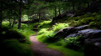 Obraz premium Serene Forest Path through Lush Greenery and Ancient Trees a Scenic Natural Walkway.