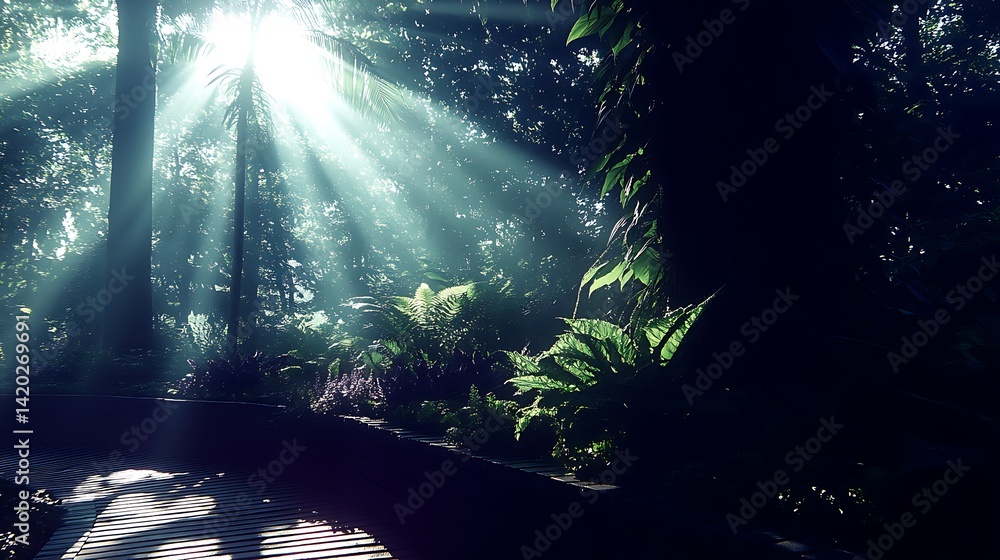 Aufkleber serene forest scene with sunlight rays filtering through foliage creating an ethereal atmosphere