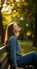 Woman relaxing on a bench in a park with eyes closed enjoying the sunlight.