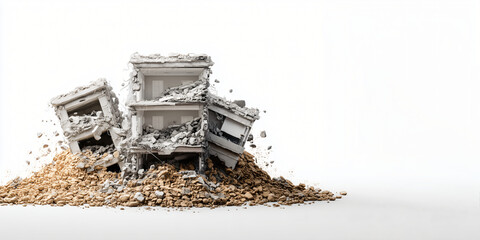 Obraz premium Collapsing Building Model: A miniature building model crumbles and collapses into a pile of rubble, dramatically illustrating the effects of destruction or disaster.