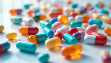 A collection of colorful capsules and tablets scattered on a surface, showcasing the diversity of medications available.