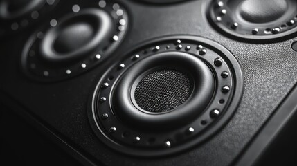 Close-up studio shot of audio speakers, background blurred