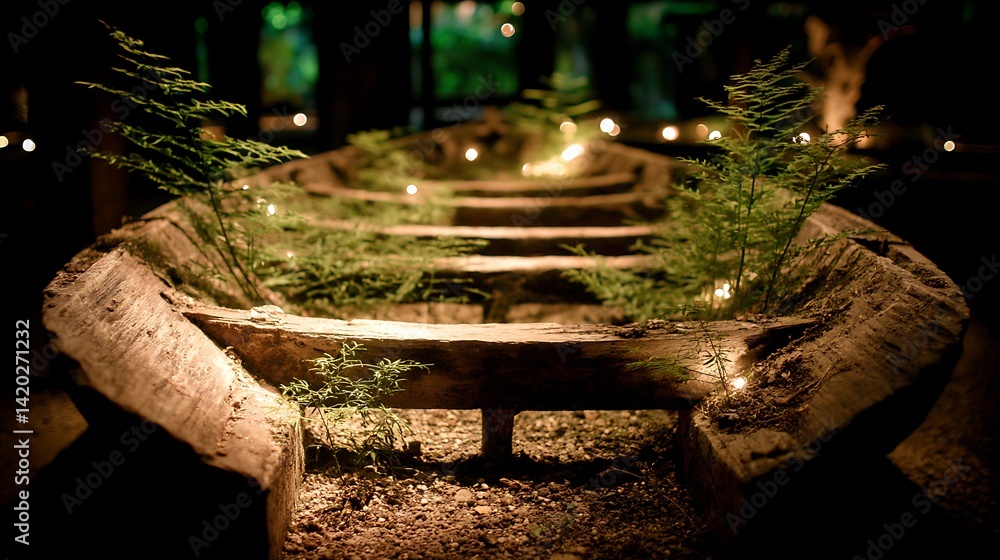 Poster serene illuminated log bench in a woodland setting at night featuring ferns and subtle lighting.