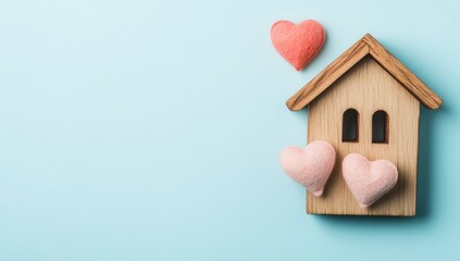 A charming wooden house adorned with two hearts beautifully placed on top of it