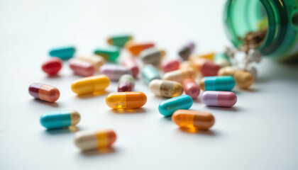 A colorful assortment of capsules spilled from a green bottle on a white surface, symbolizing health and pharmaceutical industry.