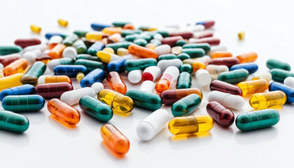 A colorful assortment of various capsules scattered on a white surface, representing health and wellness in modern medicine.