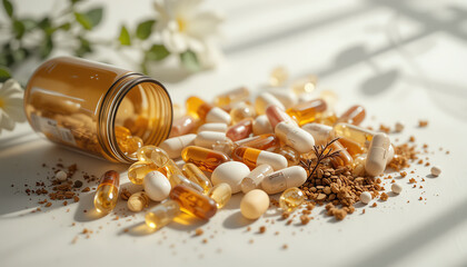 A composition of various dietary supplements and vitamins spilled from a bottle, surrounded by soft lighting and botanical elements.