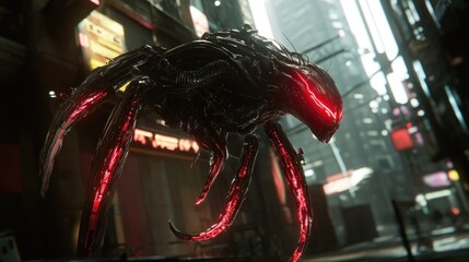 Futuristic robotic creature in neon-lit cityscape