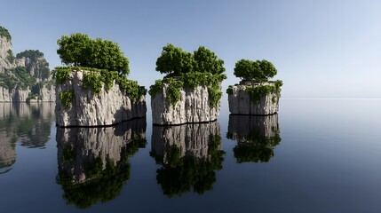 Obraz premium Serene Island Retreats Floating on Tranquil Waters Peaceful Greenery Landscape Calm Blue Sky Scenery.