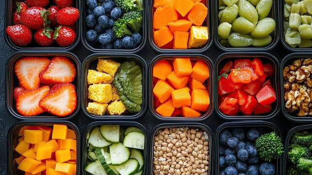 Close up of lunchbox prep with neatly arranged bento boxes, compartments filled with healthy snacks and colorful meals