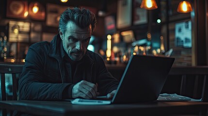 A thoughtful man sits at a wooden counter, focusing intently on a laptop in front of him