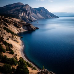 Fototapeta premium Serene Lake Landscape Majesty and Striking Cliffs Under the Azure Sky.