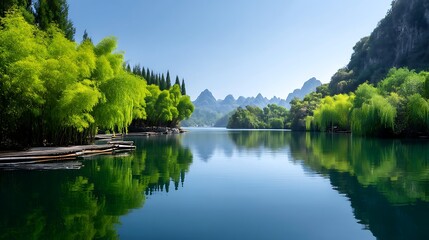 Obraz premium Serene Lake Landscape with Lush Green Trees on Bank and Distant Mountain Peaks Blue Sky Scenery