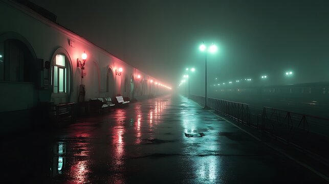 Misty Train Station at Night