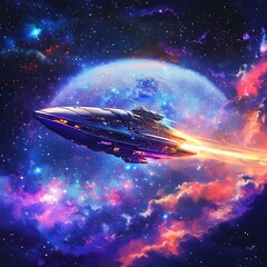 Obraz premium Glowing spaceship flying above planet in deep space