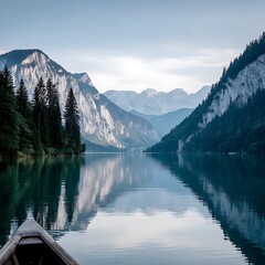 Fototapeta premium Serene Lake Vista with Reflections and a Canoe Boat in the Alps under a Pale Sky with Mountains.