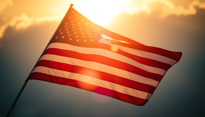 Obraz premium A majestic view of the American flag waving against a bright sunset, symbolizing freedom and national pride.