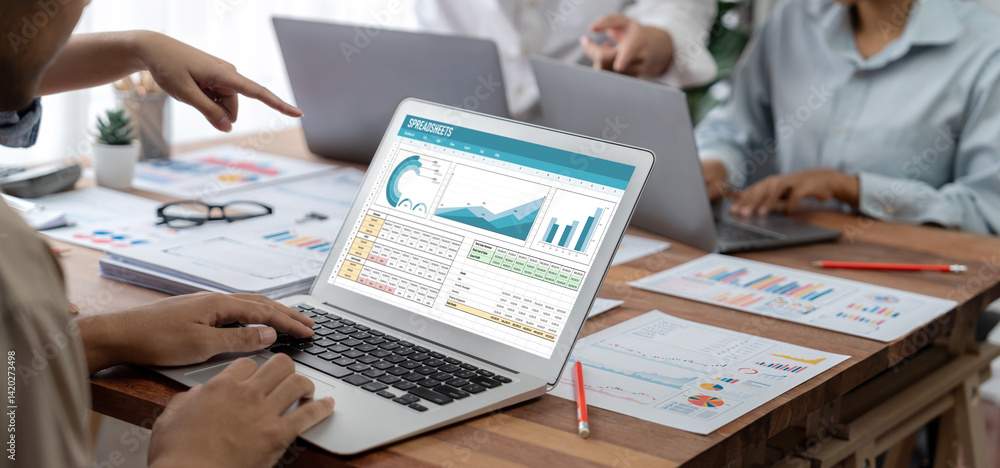Poster Spreadsheet document information financial startup concept. data and graphs in spreadsheet documents for online analysis project dashboard accounting digital brisk