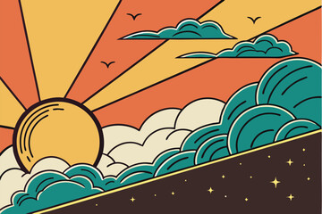 41 Sunset illustration, vibrant yellow sun, stylized clouds, warm color palette, orange and teal contrast, circular glow, celestial sky, minimalist design, vector art style, dramatic lighting, atmosph