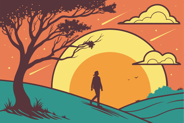 41 Sunset illustration, vibrant yellow sun, stylized clouds, warm color palette, orange and teal contrast, circular glow, celestial sky, minimalist design, vector art style, dramatic lighting, atmosph