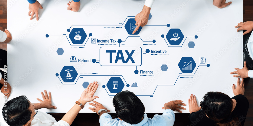 Poster a modern workspace display featuring a comprehensive overview of tax systems, highlighting income ta