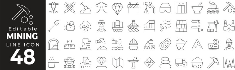 Mining Icon Set: A Line Icon Collection Featuring Pickaxe, Helmet, Excavator, Coal, Gold, and More