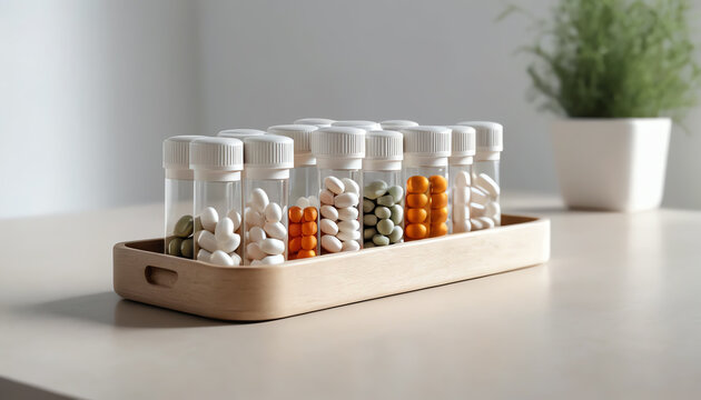 A neat arrangement of colorful capsules in glass jars on a wooden tray, complemented by a small plant in the background.