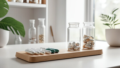 A serene space featuring health supplements arranged on a wooden tray, surrounded by calming plants and natural light.