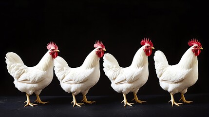 Fototapeta premium Four White Chickens with Red Combs on Dark Background