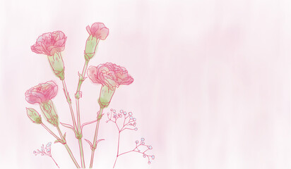 A cute bouquet of pink carnations and baby's breath, drawn in a line art style with ample copy space and a gentle, fluffy feel.