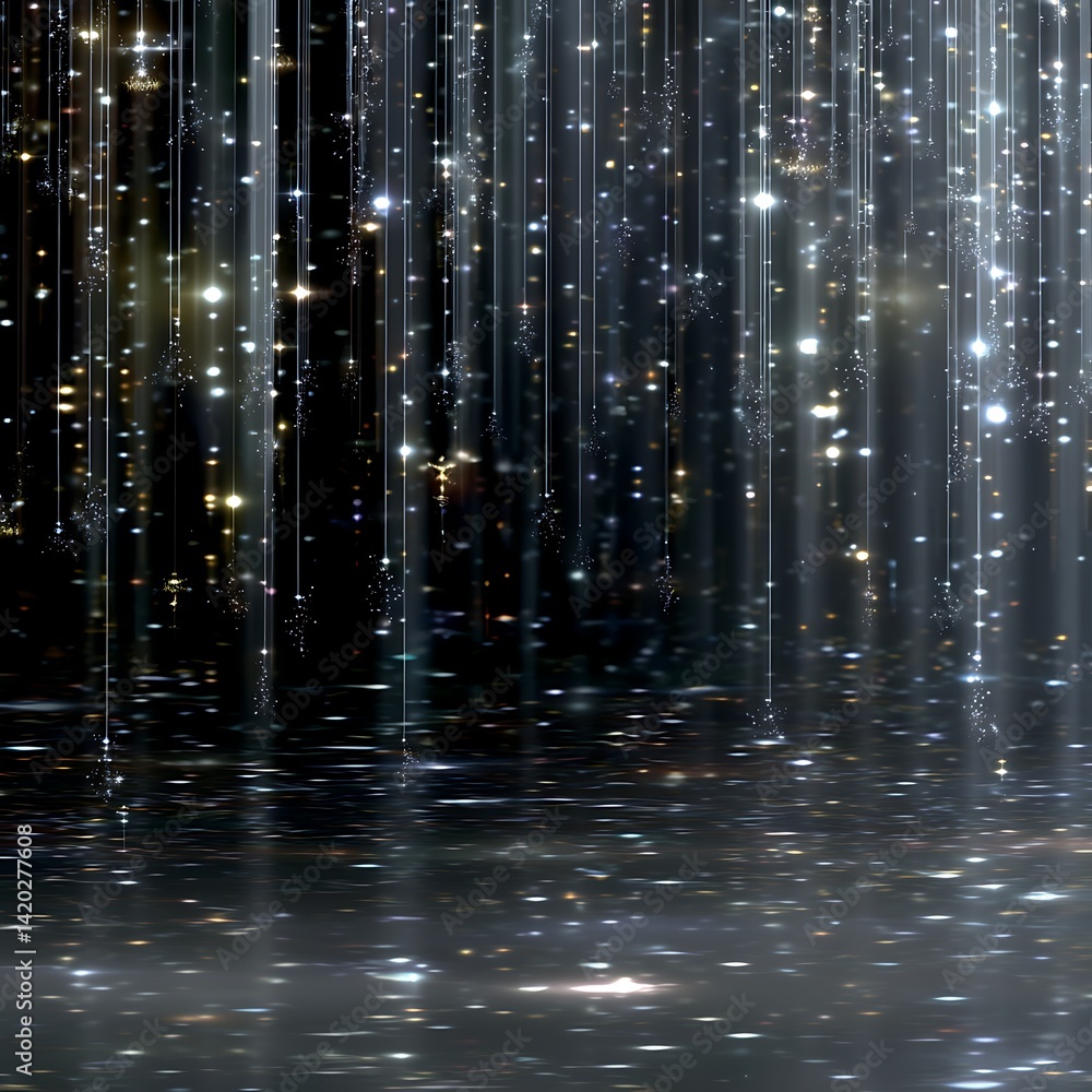 Poster serene nightfall reflections with cascading light streams and enchanting starry illumination effects