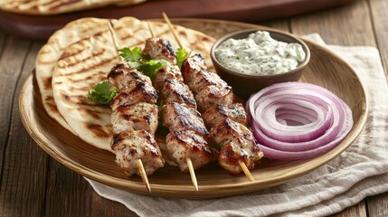 Delicious greek souvlaki skewers on bamboo plate with pita, onions, and tzatziki in sunlight