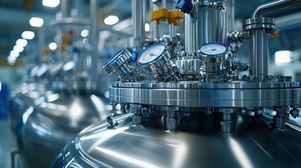 Industrial manufacturing equipment.  Stainless steel tanks and pipes