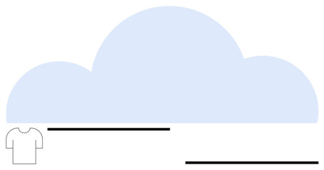 Large blue cloud silhouette above blank white t-shirt and three black horizontal lines. Ideal for creative design, fashion, customization, minimalism, technology, online storage, simple metaphor