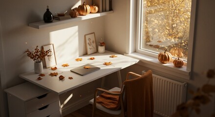 Autumn office space with pumpkins and leaves, perfect for fall vibes.