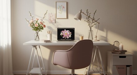 Home office space with laptop, florals and desk lamp in neutral tones